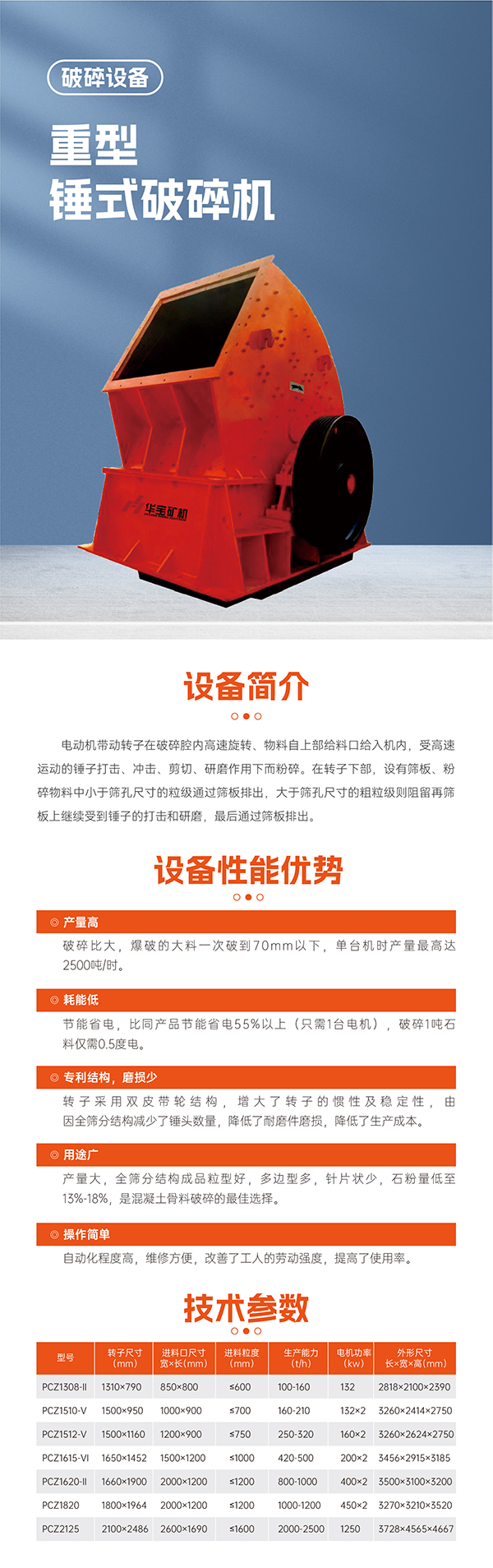 華寶礦機重型錘式破碎機設備技術(shù)參數(shù)